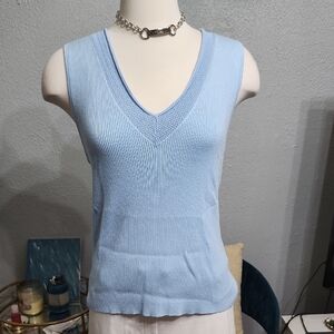 Halston Blue V-Neck Knit Ribbed Top Sz. XL